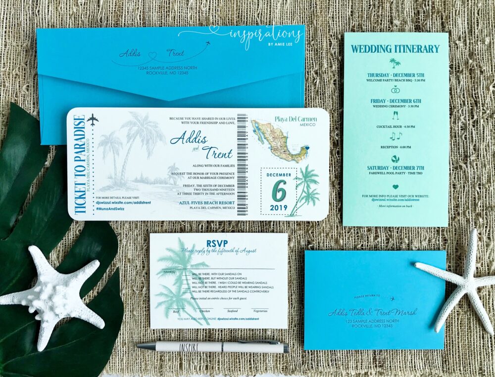Boarding Pass Wedding Invitations, Destination Wedding, Mexico Beach, Travel Theme