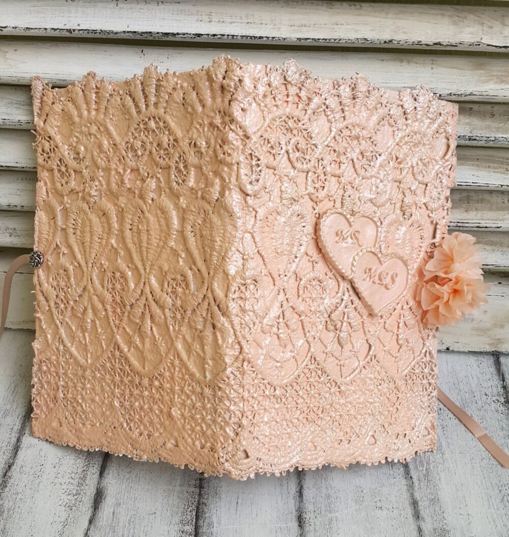Unique Wedding Guest Book, Rose Quartz Lace Wedding Book, Custom Order Peach Coral Personalized