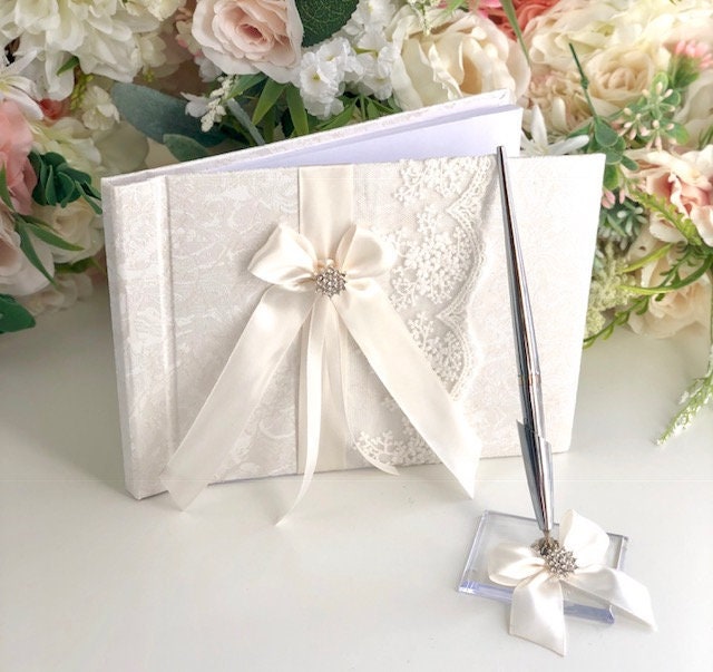 Off-White Guest Book With Pen, Wedding Book, Wishes Memory Custom Simple