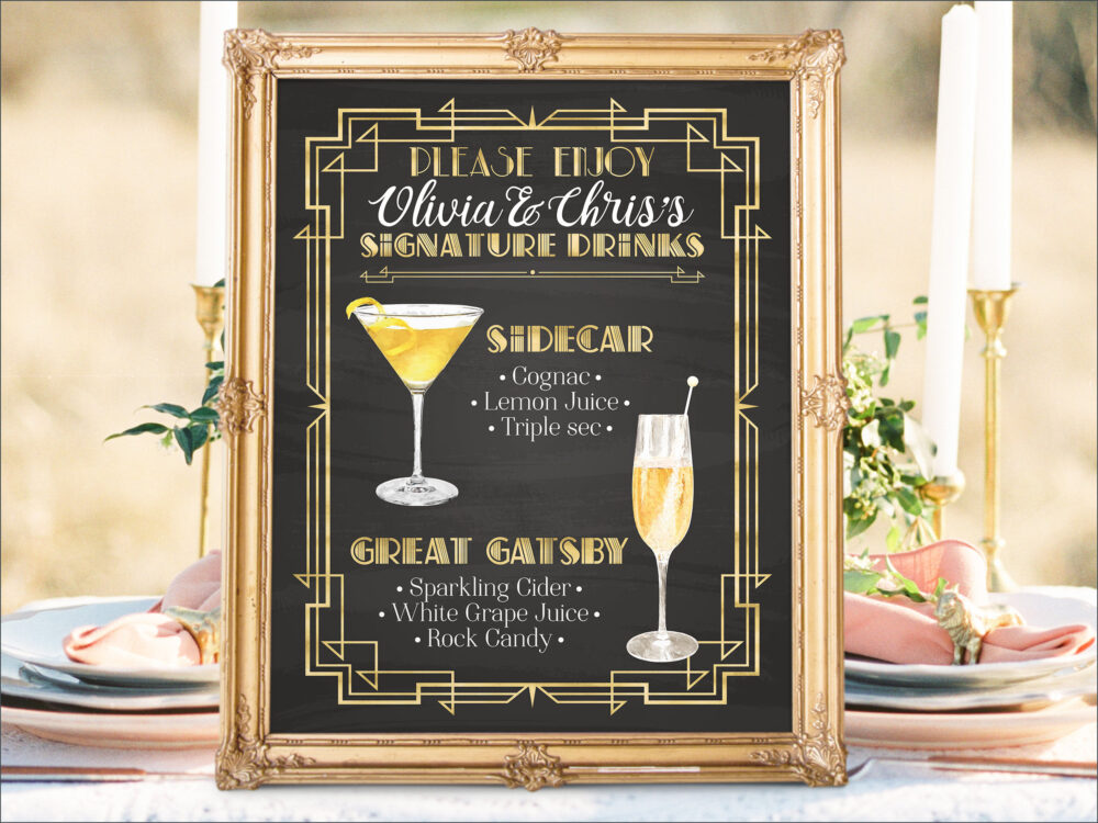 Great Gatsby Wedding Bar Menu, Signature Cocktails, Chalkboard Sign | Digital Printable
