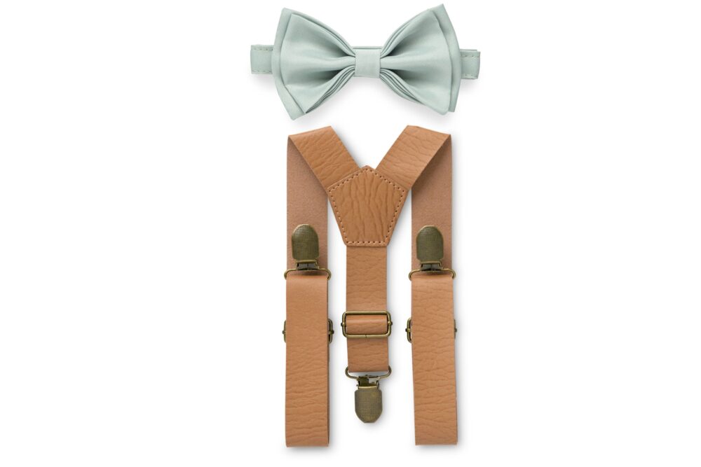 Dusty Sage Bow Tie & Tan Faux Leather Suspenders For Wedding Groom Groomsmen Ring Bearer, Set Boys Mens