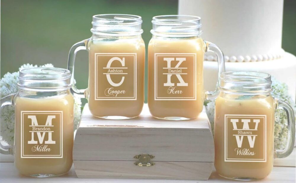 10 Personalized Beer Mugs, Wedding Party, Monogrammed Mason Jars, Bridesmaids Gift, Groomsmen Engraved Jar Glasses With Handle