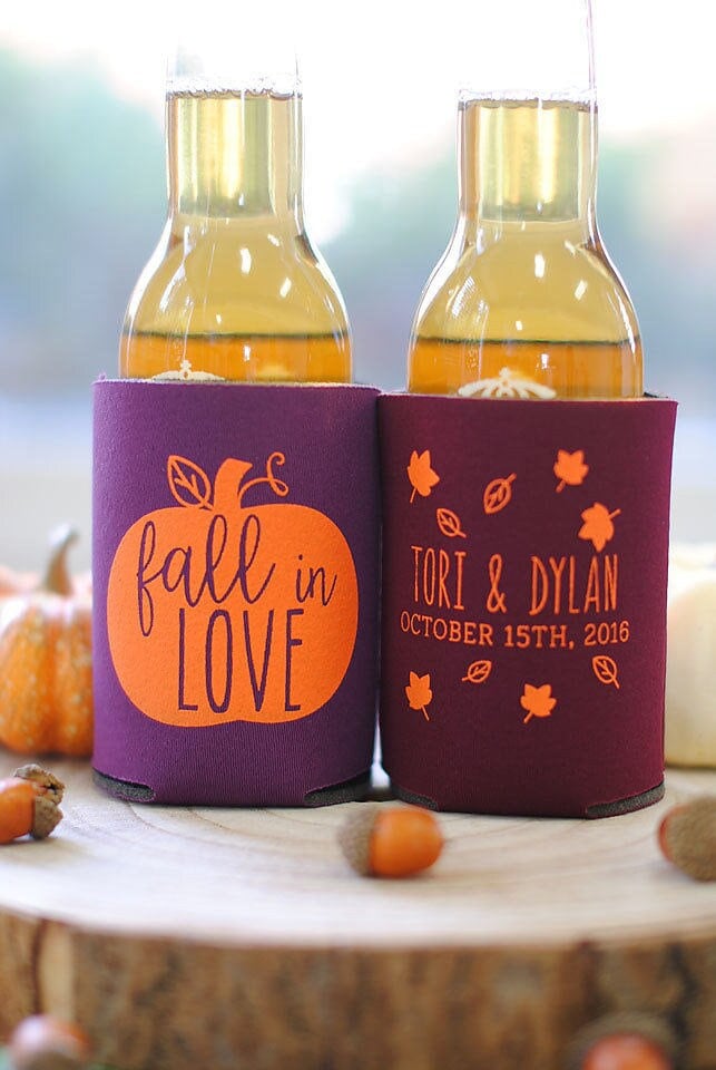Fall in Love Wedding Favors | Custom Autumn Rustic Can Coolers For Guests