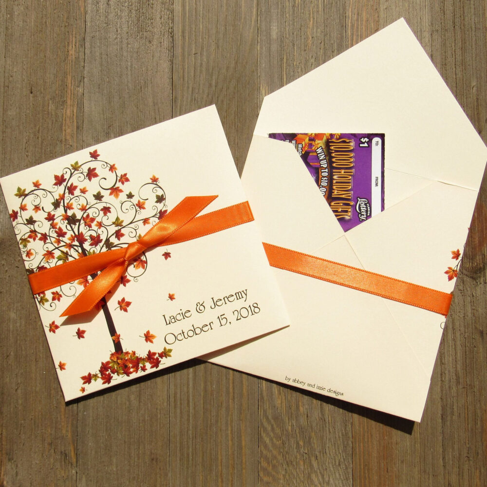 Personalized Fall Wedding Favor Lottery Ticket Holder, Autumn Tree Design