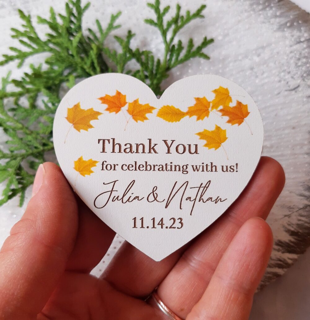 Wedding Favors, Fall Autumn Wedding Favor Magnets, White Heart Magents, Thank You Magnets For Wedding, Leaves Design, Set Of 10 Pc