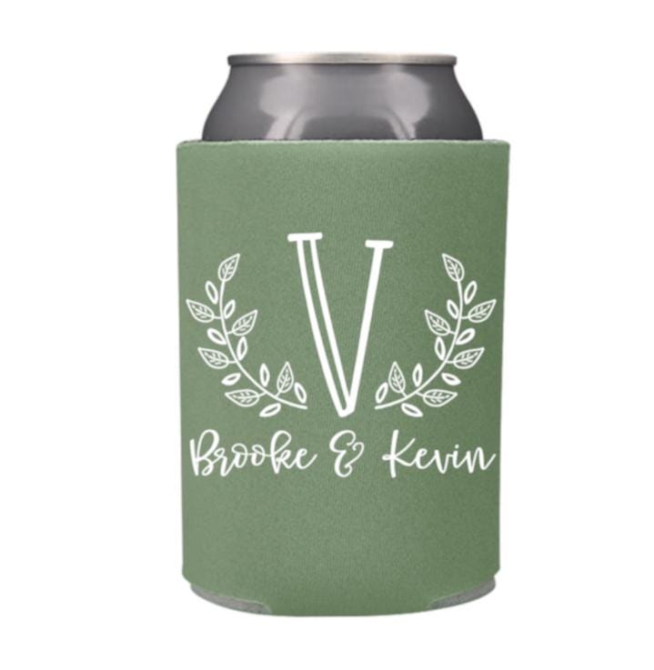 Summer Wedding Favors | Spring Custom Monogram Personalized Can Coolers Greenery Floral Garden