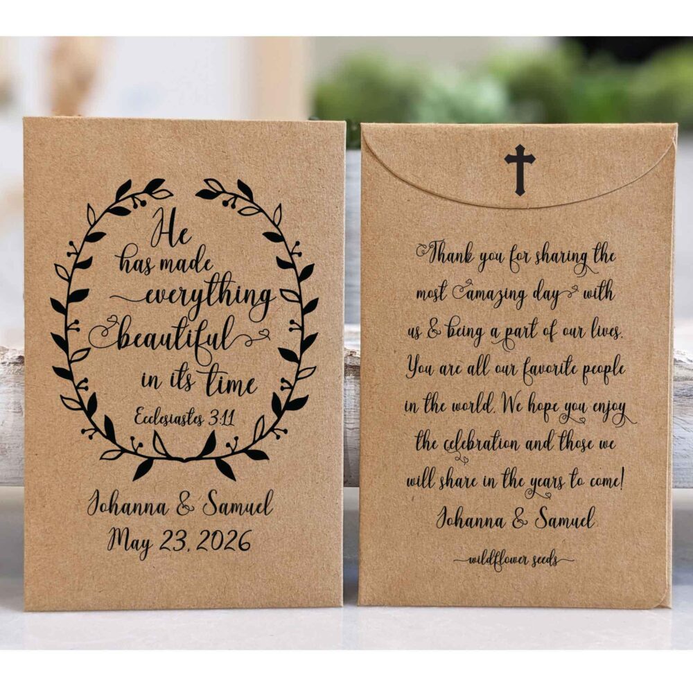 Bible Verse Seed Packet Wedding Favor, Rustic Bridal Shower, Customized Christian Favors, "He Has Made Everything Beautiful in Its Time'