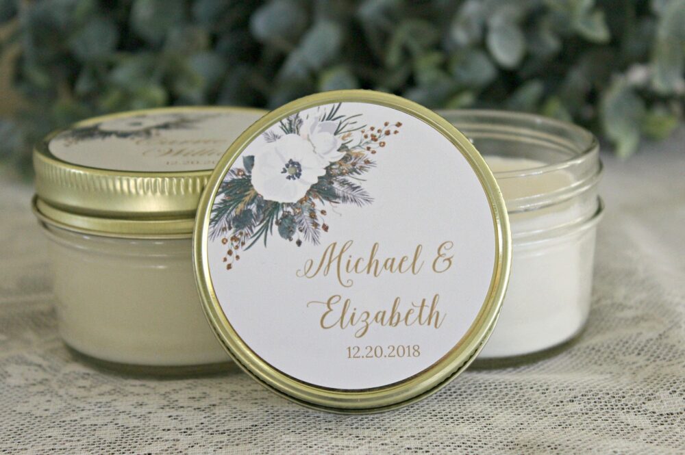 Winter Wedding Favor/Evergreen & White Floral White Green Wedding/ Gold Personalized 4 Oz Candle Favors