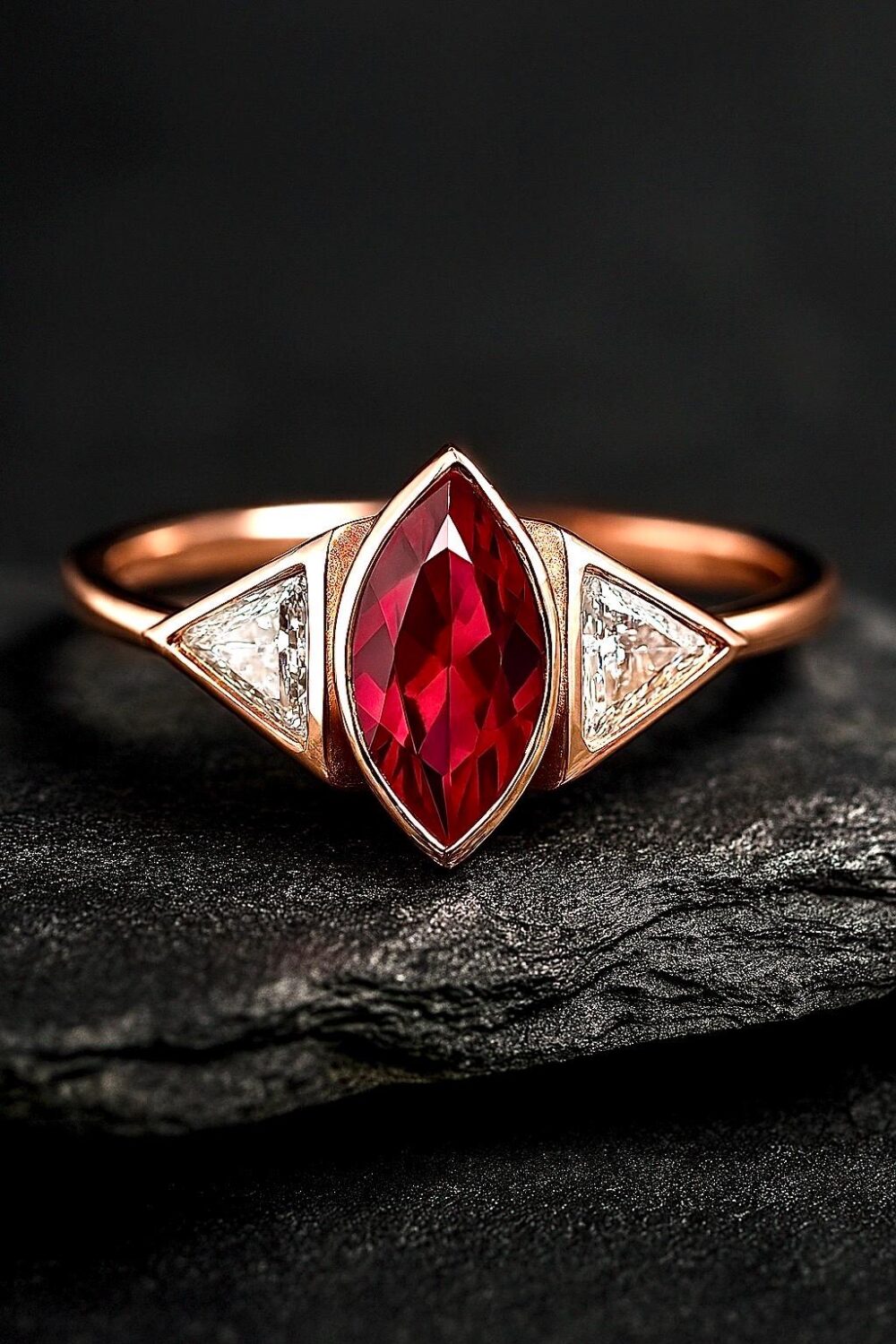 8K Solid Gold Cz Marquise Ruby Ring/Wedding Band Triangle Promise Engagement /Gift For Her