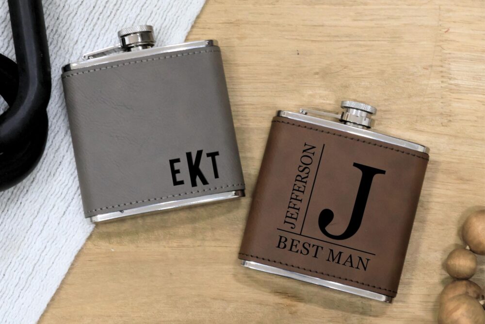 Engraved Wedding Flask, Groomsmen Gift, Personalized Gift For Dad, Custom Leather Flask