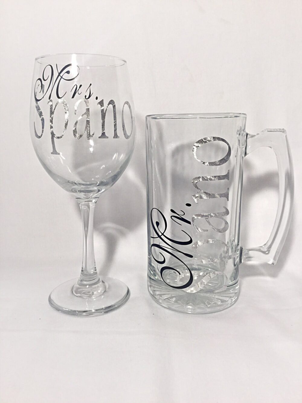 Mr. & Mrs. Wedding Wine Glass Beer Mug Personalized Metallic Silver