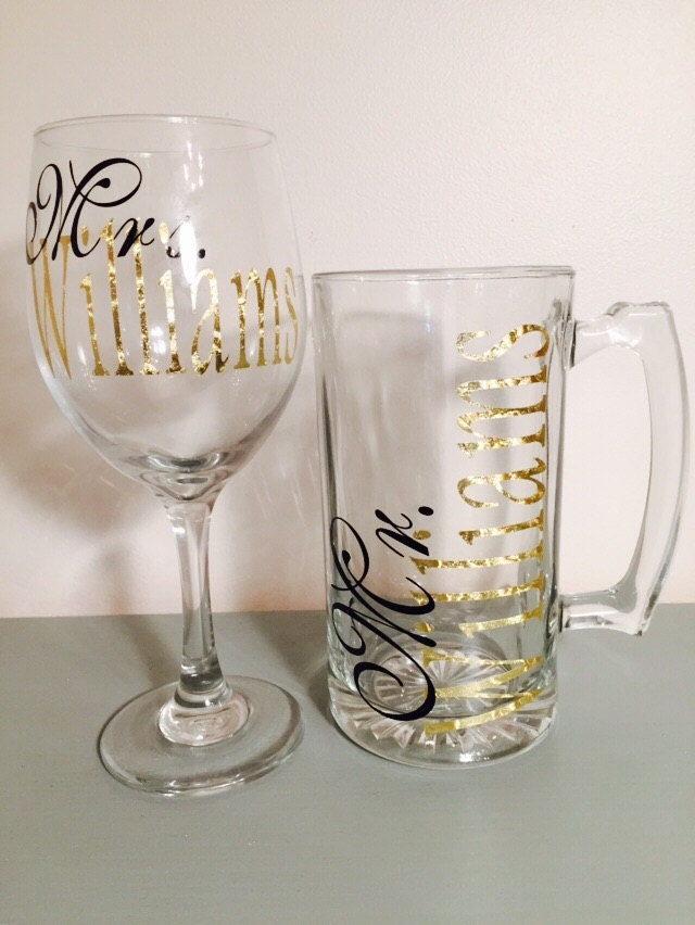 Mr. & Mrs. Wedding Wine Glass Beer Mug Personalized Metallic Gold