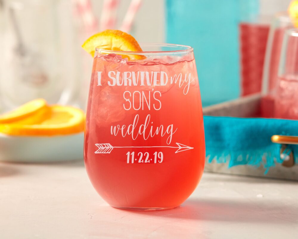 I Survived My Son's Wedding Wine Glass, Mother Of The Groom Stemless Gift, Custom Glass