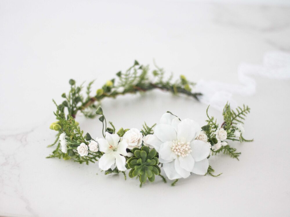Green & White Floral Wedding Crown Dainty Flower Girl Headband