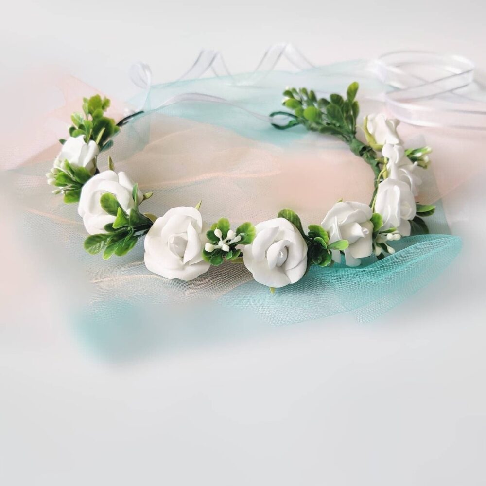 Flower Crown White Flower Girl Headband Winter Wedding First Communion Wreath Child Roses Headpiece Baby