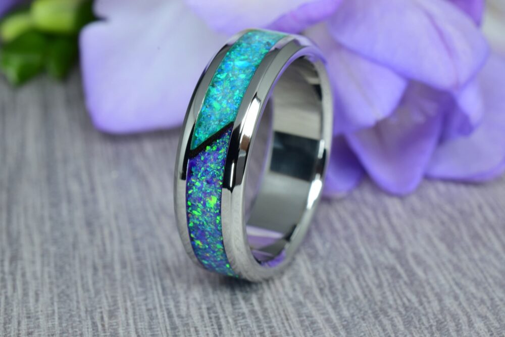 Wedding Ring, Stainless Steel Ring With Crushed Turquoise Opal & Purple Opal, 6 Mm