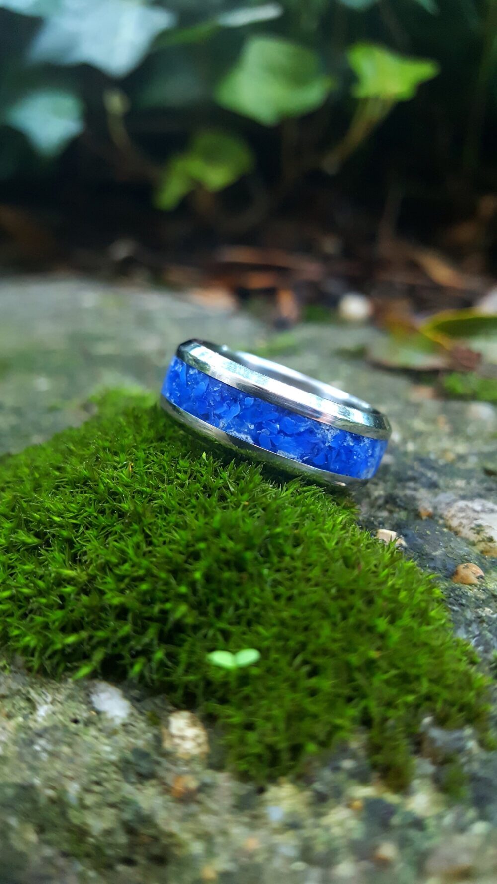 Wedding Ring, Stainless Steel Ring With Crushed Cobalt Blue Opal Inlay
