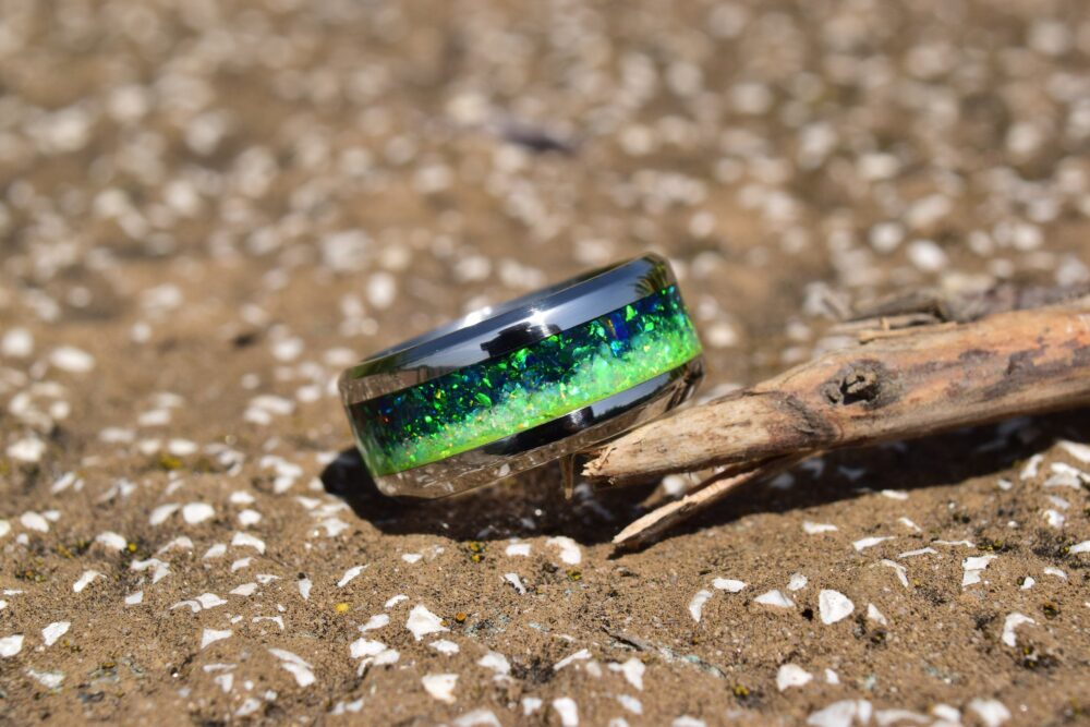 Wedding Ring, Stainless Steel Ring With Crushed Green Opal