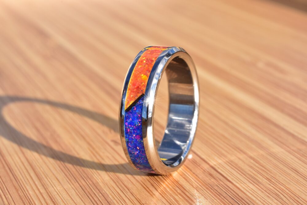 Wedding Ring, Stainless Steel Ring With Crushed Starry Night & Mexico Opals