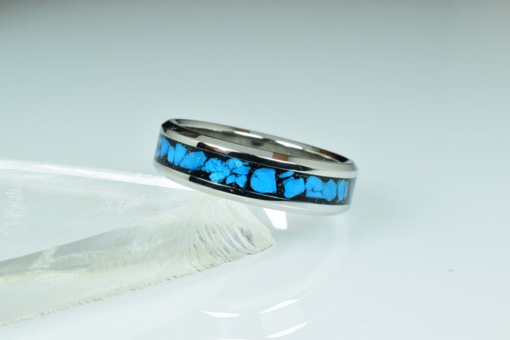Obsidian Wedding Ring, Promise Stainless Steel Ring With Crushed & Natural Turquoise