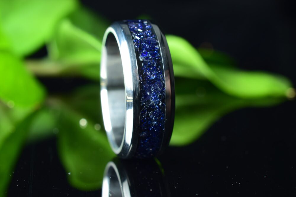 Wedding Ring, Promise Stainless Steel Ring With Crushed Black Sunstone