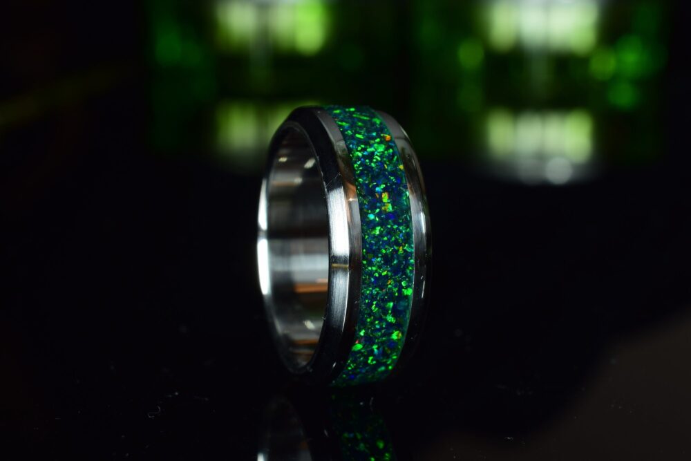 Wedding Ring, Stainless Steel Ring With Crushed Green Opal