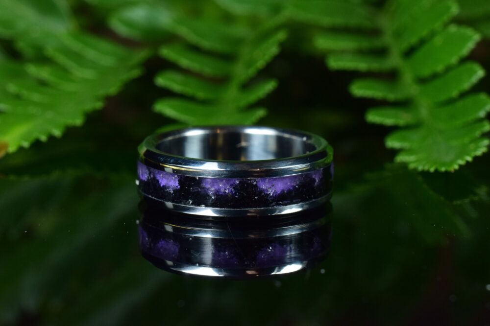 Wedding Ring, Stainless Steel Ring With Crushed Amethyst & Black Tourmaline Inlay
