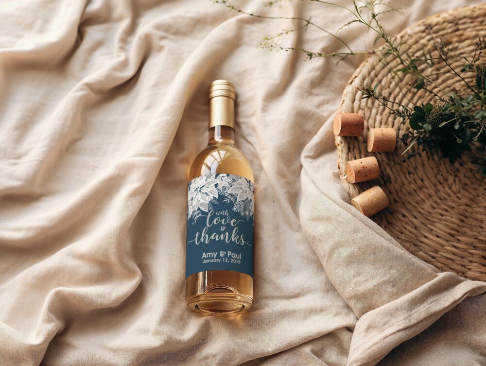 White Poinsettia Winter Wedding Wine Labels | Favors, Labels, You Choose The Colors