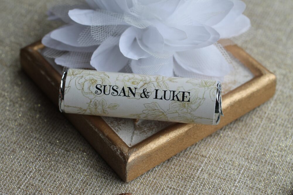 Gold Wedding Favors, Personalized For Bride & Groom, Gold Floral Mint Wrapper, Mints Included