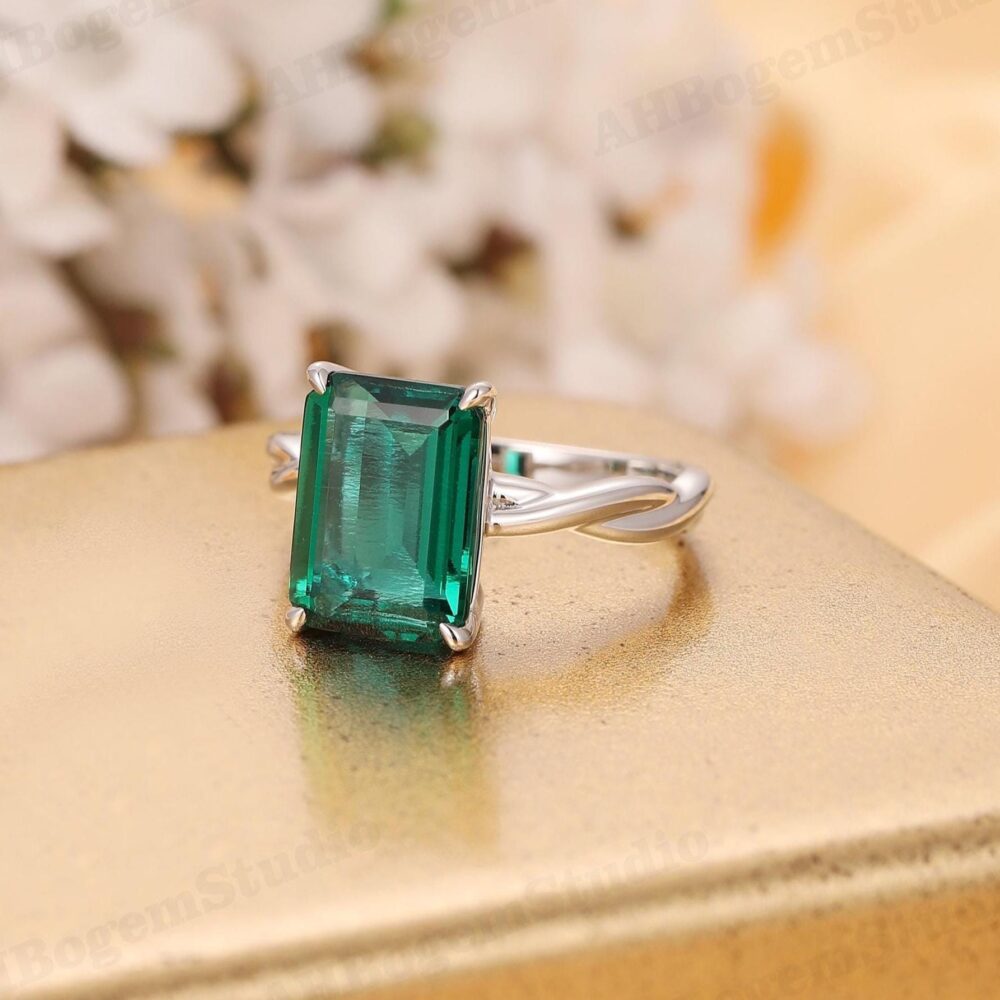 Solitaire Emerald Ring, Infinity Band Ring, 8x11mm Cut Anniversary Ring, Engagement Female Ring, Twist Ring, Proposal Ring