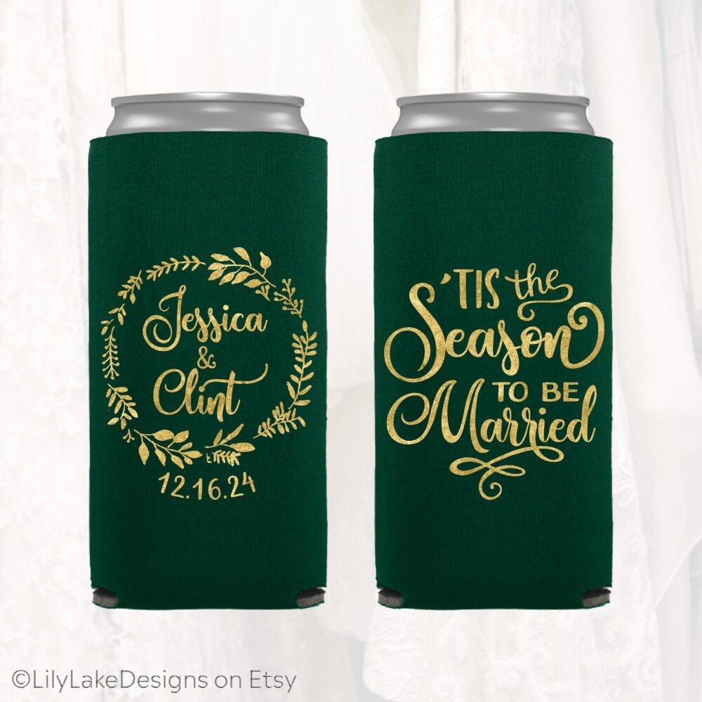 Personalized Winter Wedding Slim Can Cooler, Customized Christmas Holiday Favors, Tis Season To Be Married, Skinny | Xmas201
