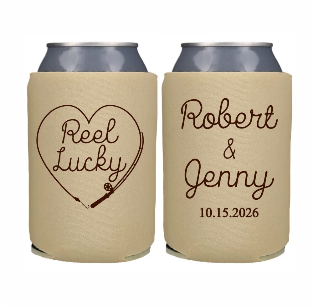 Personalized Can Cooler, Reel Lucky Fishing Theme Wedding Favor, Fish Coolers, Custom Beer Huggers, Customized Favor