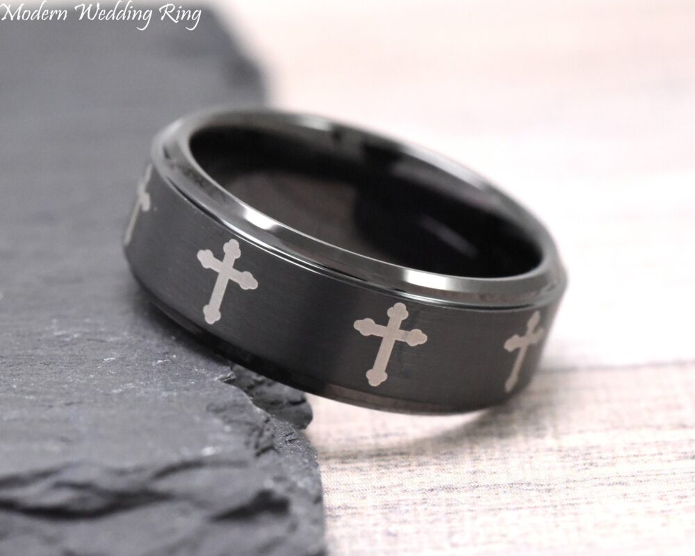 Cross Wedding Band Men, Mens Tungsten Band, Black 8mm Carbide, Multiple Engraved Ring, Ring