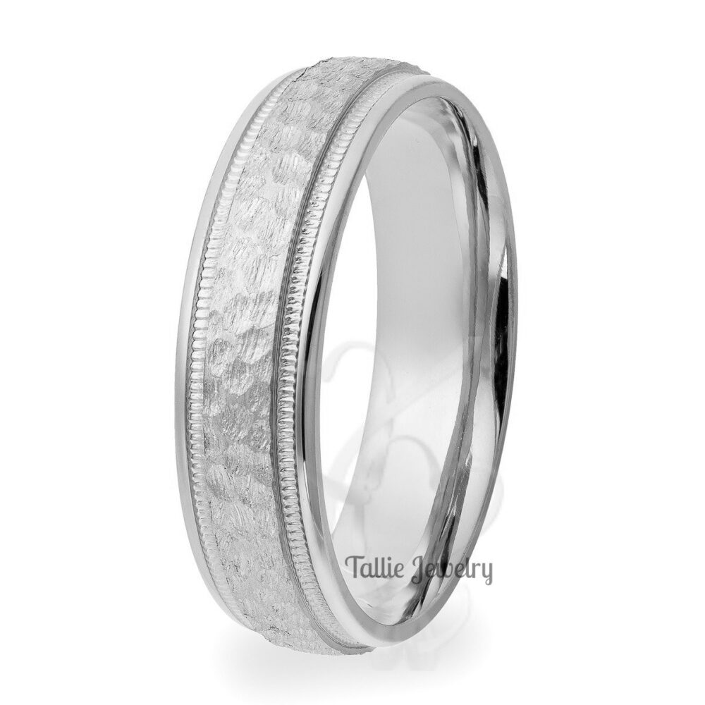 Hammered Finish Mens Wedding Ring, Band, 6mm 10K 14K 18K Solid White Gold Bands, Rings For Men, Womens