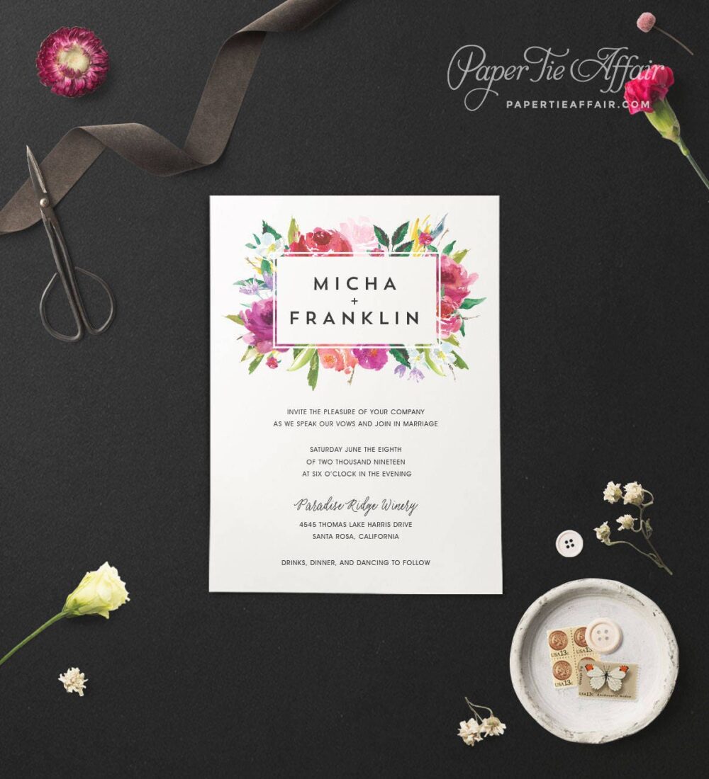 Floral Wedding Invitation - Bold Type Invites Modern Garden Wedding, Elegant, Summer, Customizable | Blossoming Bouquet