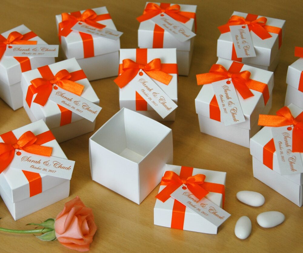 Wedding Favor Boxes, Personalized Box, Bonbonniere, Elegant Box With Orange Satin Bow & Tag