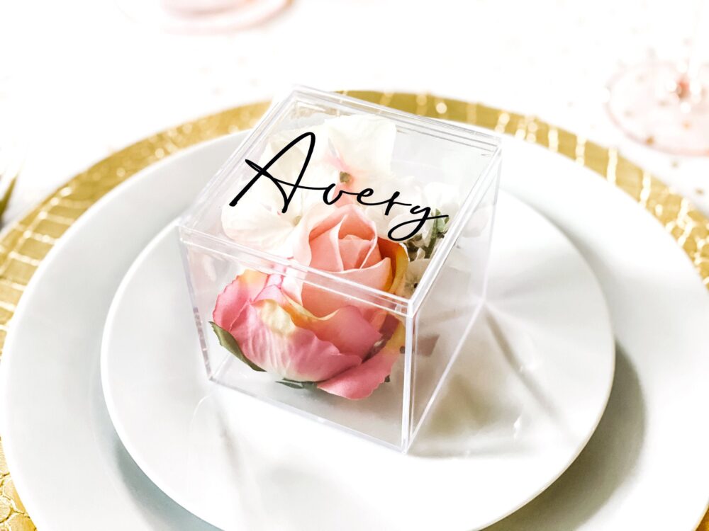 Wedding Favor Boxes - Bridal Shower Baby Box Personalized Clear Candy Cube White Confetti