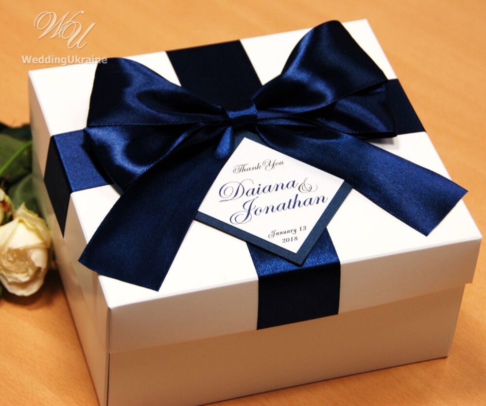 Wedding Gifts Boxes With Navy Blue Satin Ribbon, Big Bow & Personalized Tag Your Names - Custom Wedding Favor Boxes For Guests