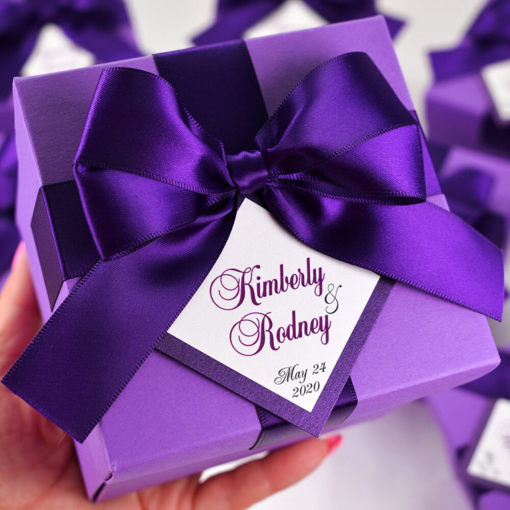 Purple Wedding Favor Box With Satin Ribbon Bow & Custom Names, Elegant Personalized Party Favor Boxes Tag For Guests