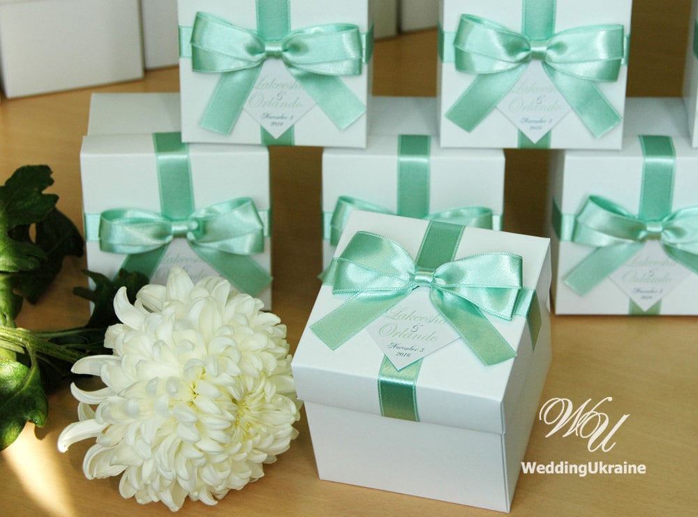 Wedding Gift Boxes With Light Mint Satin Ribbon, Bow & Names - Custom Personalized White Wedding Favor Box Gift Favors
