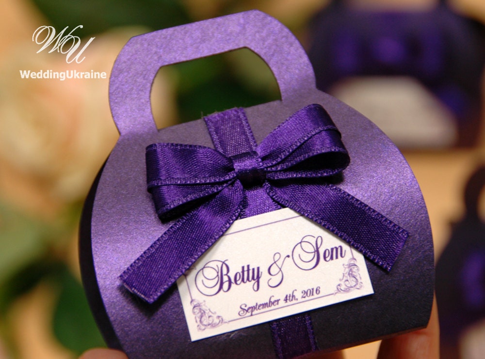 Purple Wedding Favors Boxes For Guests - Elegant Bonbonniere Custom Candy Gift With Satin Bow & Names Favor Tag