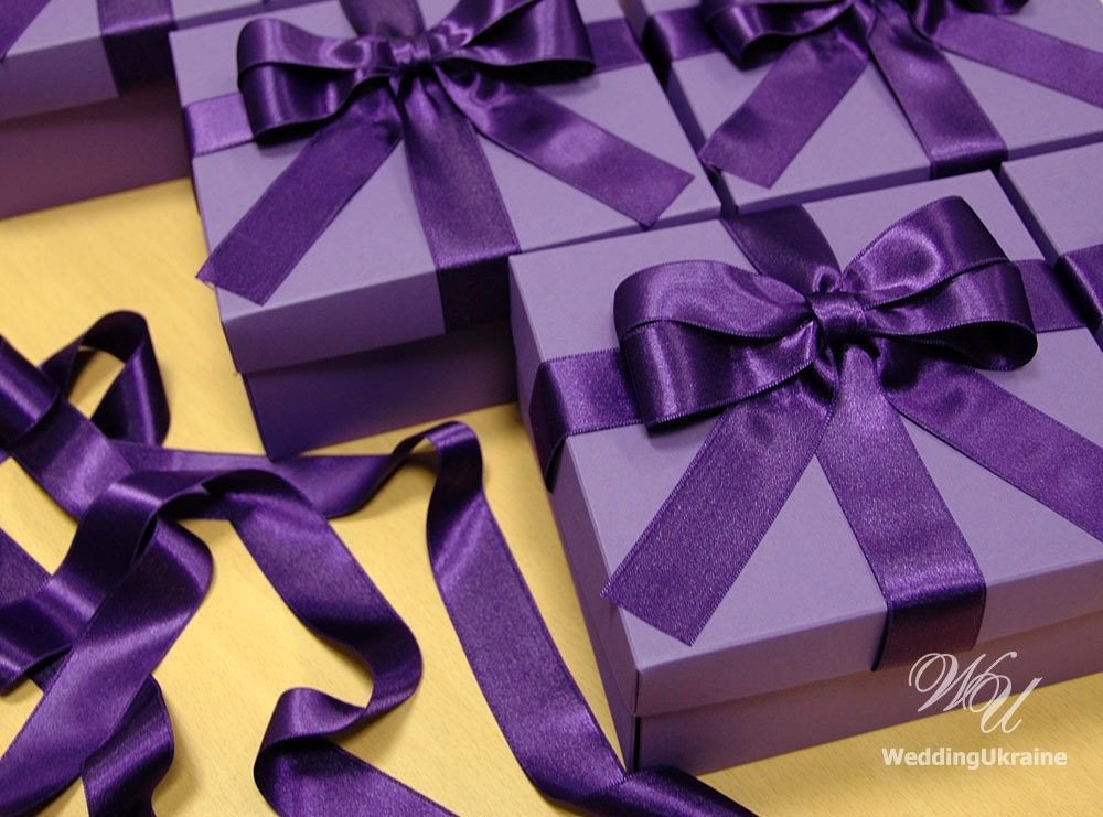 Personalized Purple Wedding Favor Box With Satin Ribbon