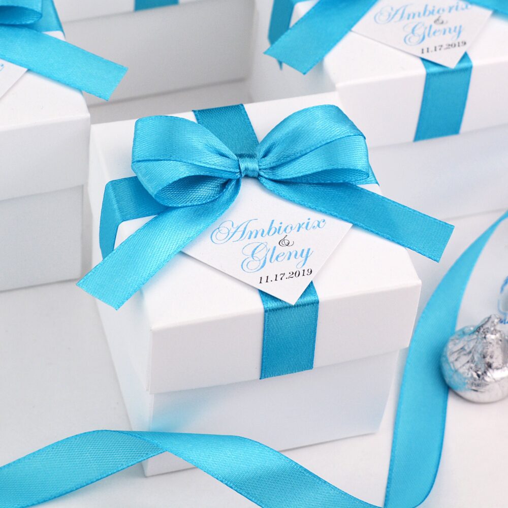 Wedding Favor Boxes With Light Blue Satin Ribbon Bow & Your Names, Elegant Turquoise Personalized Bonbonniere Candy Box For Guests