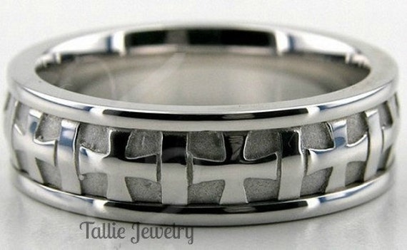 Mens White Gold Wedding Bands, Cross Design Rings, 6mm 10K 14K 18K Solid Bands