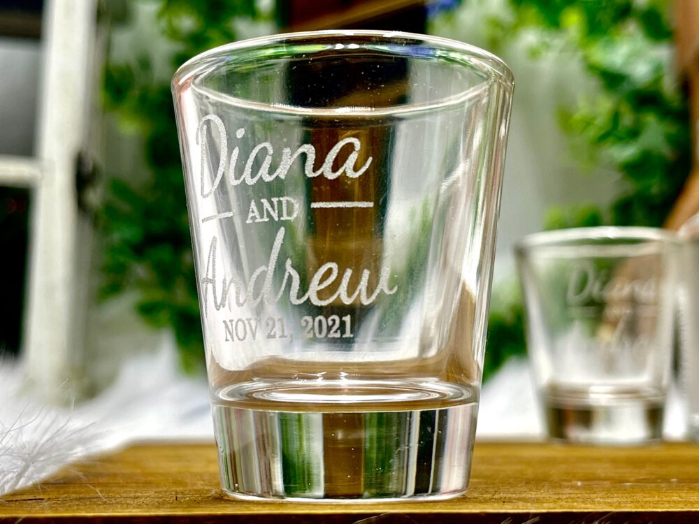 Personalized Wedding Favor Shot Glasses Engraved With Bride & Groom Names Date