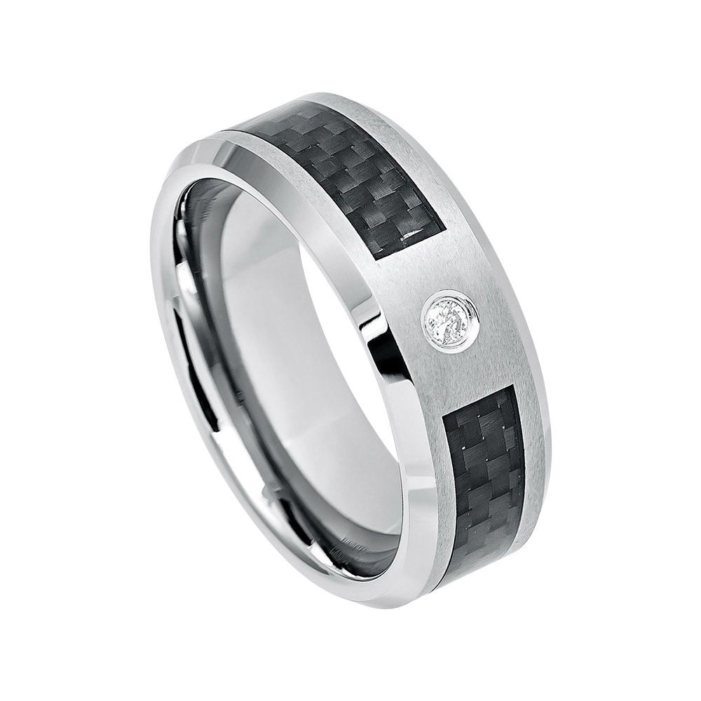 Mens Diamond Wedding Band Tungsten Ring Man 8mm Brushed Engagement Carbon Fiber Shiny Beveled Edges