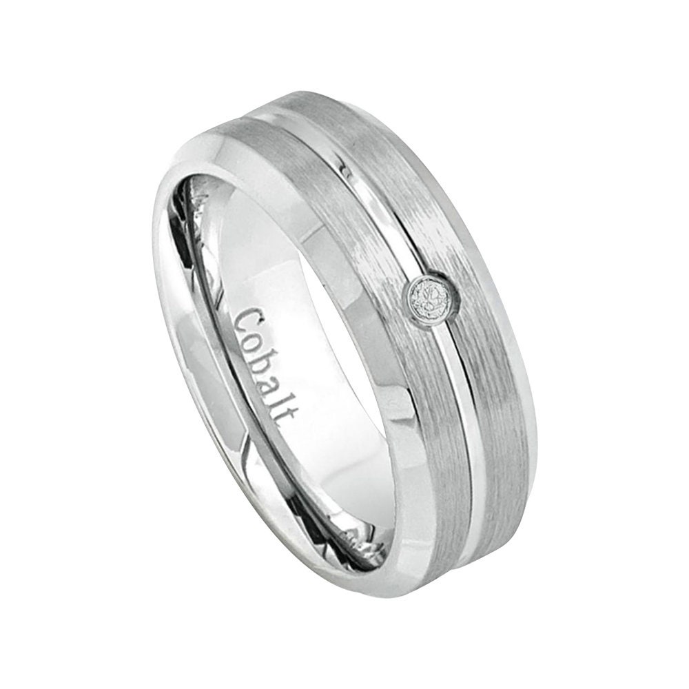 Mens Diamond Wedding Band Cobalt Ring Man 8mm Brushed Engagement Surgical Grade Stepped Edges
