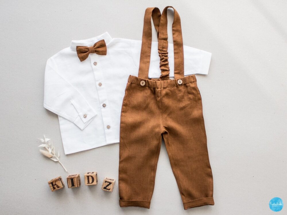 Baby Boy Baptism Outfit, Ring Bearer Suit, Christening Wedding Suit-2Pce Rustic Linen Outfit Pants With Straps+White Shirt