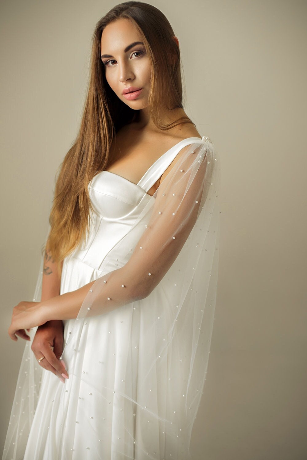 Pearl Bridal Cape Cathedral Wedding Shoulder Veil Pearls Capelet