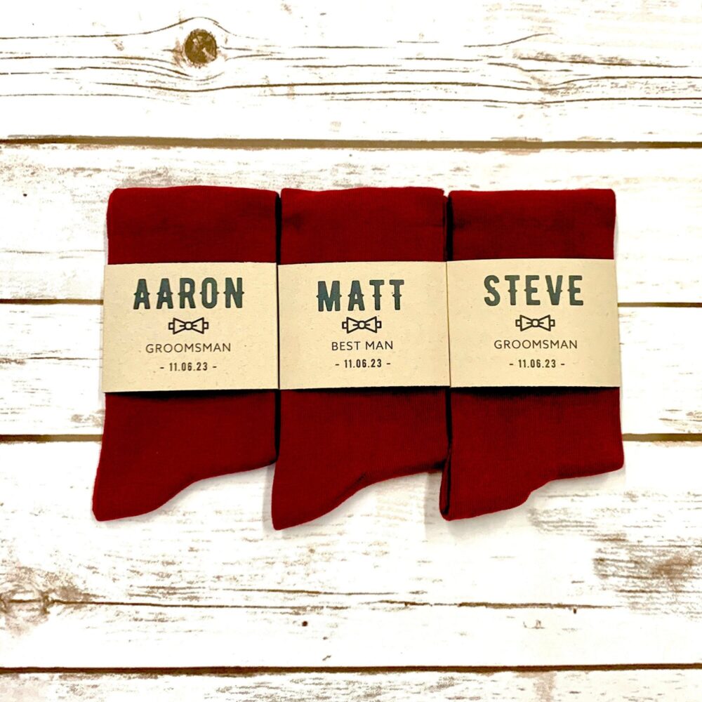 Personalized Burgundy Groomsmen Socks With Custom Sock Labels, Solid Wedding Socks, Scarlet Colored Men's Dress Sized 8-13